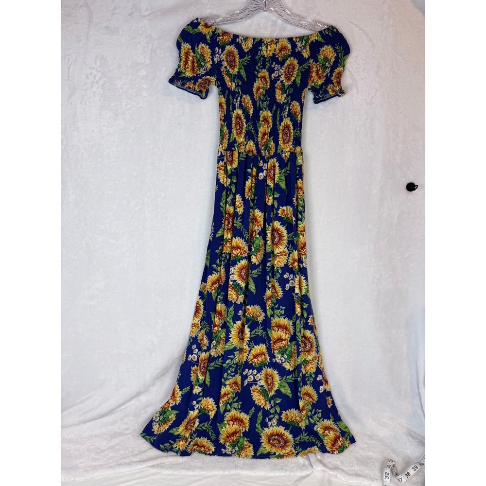Seven Islands Sunflower Maxi Dress Small Blue‎ Smocked Off Shoulder Boho